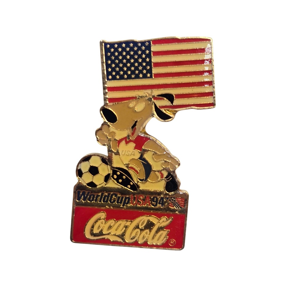 Vintage 1994 World Cup USA Coca-Cola Pin Striker Mascot Soccer American Flag